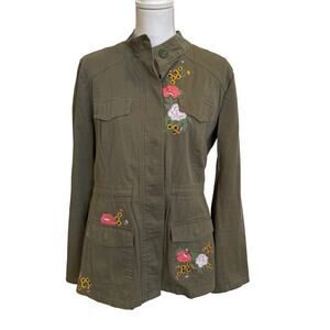 Ruff Hewn Jacket Size Large Green Cotton Floral Embroidery Safari Utility Boho
